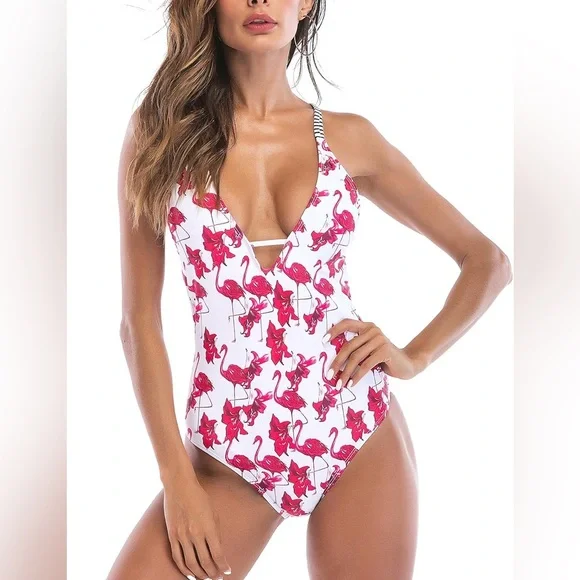 Cupshe flaming & flowers Free To Fly Print One-piece Swimsuit white pink L NWT - Picture 4 of 12